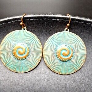 Round spiral Boho Bronze Earrings with Turquoise Accents beachy vibes